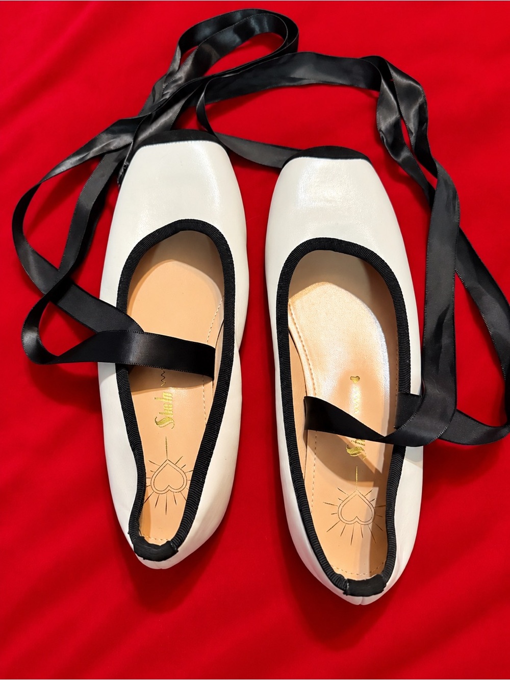SHEIN White Ballet Flats with Black Trim and Ribbon Laces